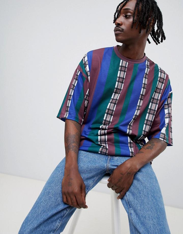 Asos Design Oversized Stripe Check T-shirt With Half Sleeve - Multi