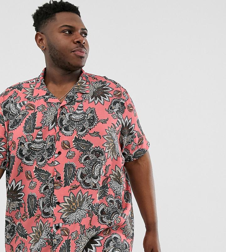 Jacamo Revere Collar Shirt With Pink Tropical Print