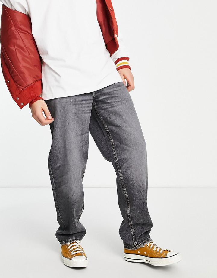 Asos Design Cone Mill Denim Baggy 'american Classic' Jeans In Washed Black With Abrasions