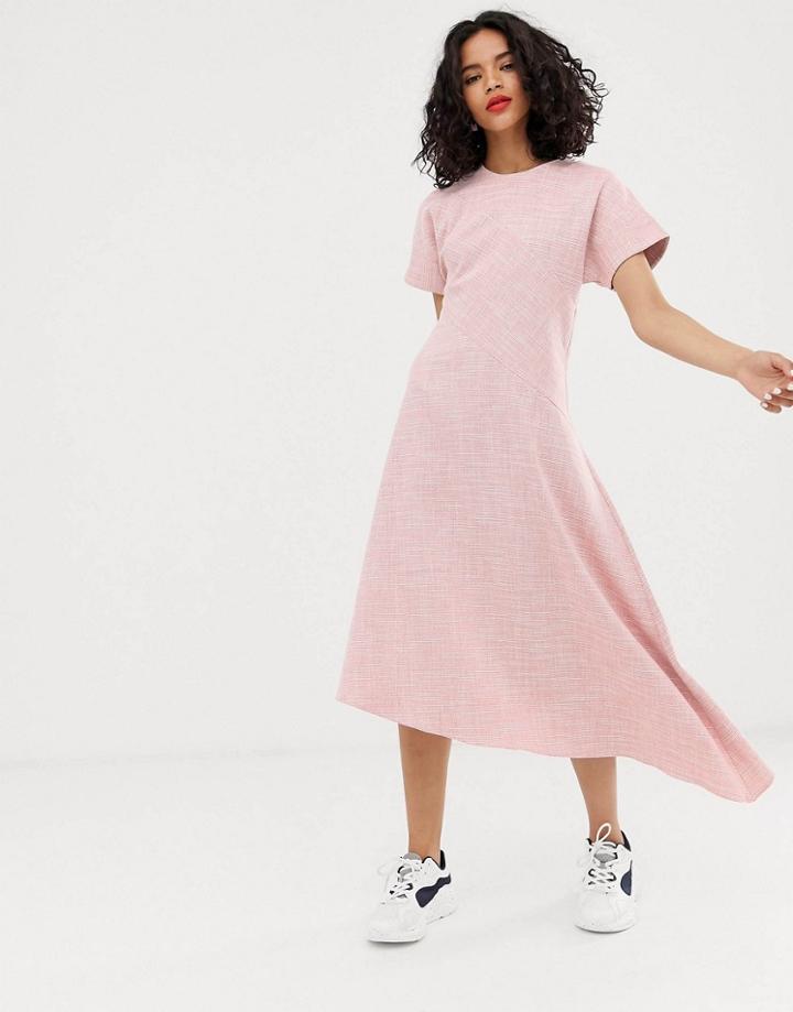 Asos White Pink Textured Short Sleeved Midi Dress