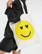 Asos Design Tote Bag With Happy Face Print In Natural-neutral