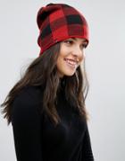 Plush Fleece Lined Plaid Beanie Hat In Black And Red - Black