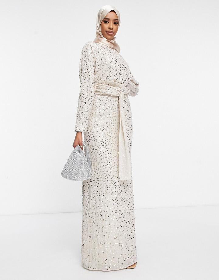 Asos Design Batwing Scatter Embellished Maxi Dress In Pale Gold