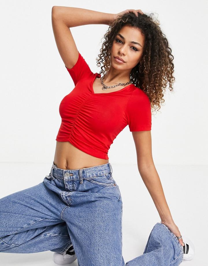 Asos Design V Neck Crop Top With Ruched Front In Red