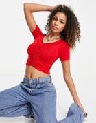 Asos Design V Neck Crop Top With Ruched Front In Red