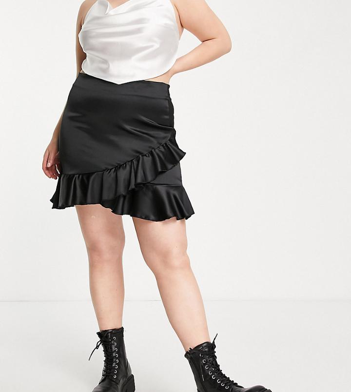 Flounce London Plus Wrap Mini Skirt In Black Satin