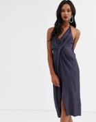 Asos Design Halter Neck Drape Waist Midi Dress In Satin - Navy