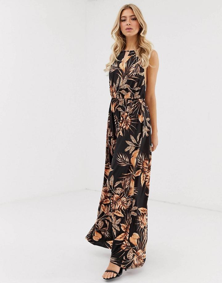Asos Design Palm Printed Halter Maxi Dress With Cut Out Detail - Multi