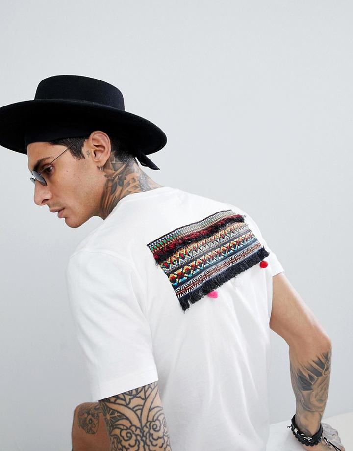 Asos Design Relaxed Longline T-shirt With Back Geo-tribal Taping And Fringe - White