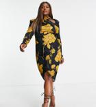Asos Design Curve Midi Dress With Tie-back Drape Neck In 70s Floral Print Satin-multi