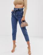 River Island Paperbag Waist Jeans In Mid Wash-blue