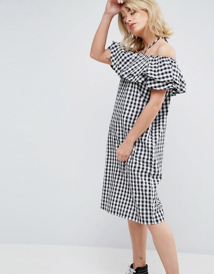 Chorus Gingham Halterneck Off Shoulder Ruffle Dress - Black