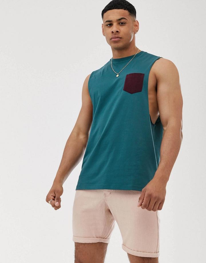 Asos Design Relaxed Sleeveless T-shirt With Dropped Armhole And Contrast Pocket In Green