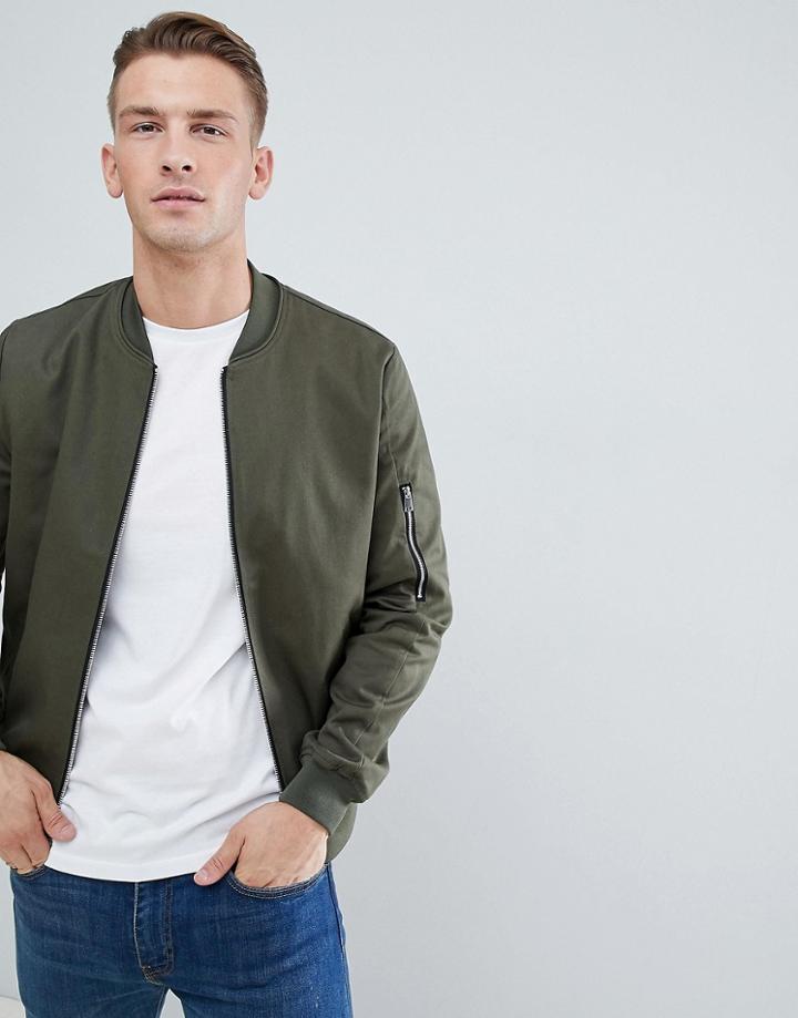 Asos Design Bomber Jacket With Sleeve Zip In Khaki - Green