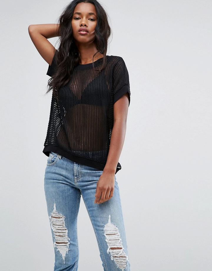 Vero Moda Sheer Top With Ribbed Neckline - Black