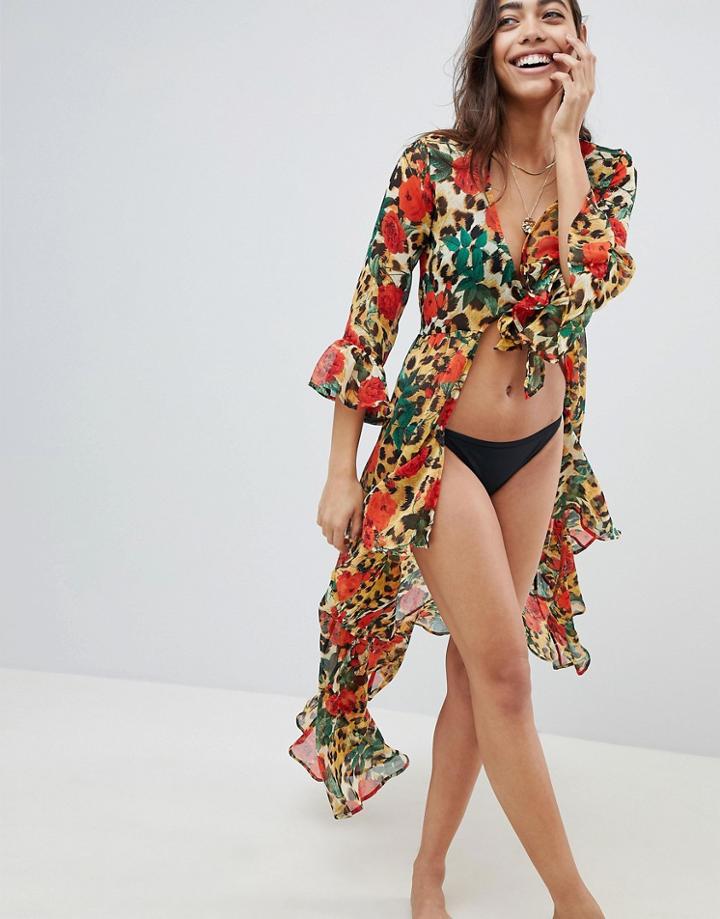 Asos Design Animal Rose Print Tie Front Beach Kimono - Multi