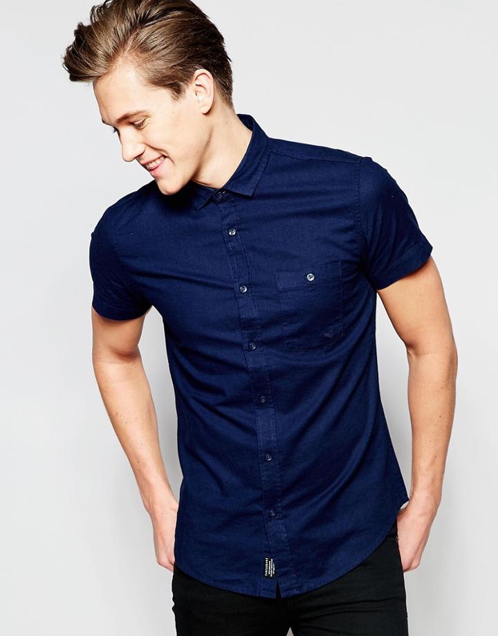 Threadbare Cotton Linen Short Sleeve Shirt - Navy