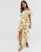 Influence Bardot Frill Maxi Dress In Sunflower Print - White