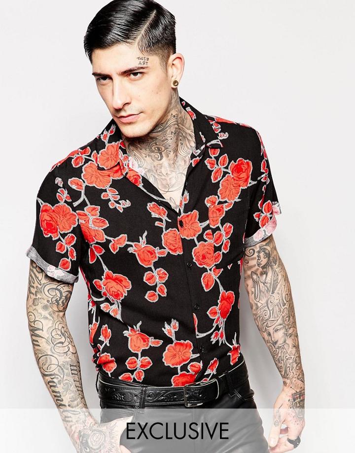 Reclaimed Vintage Party Shirt In Floral Print In Regular Fit - Black