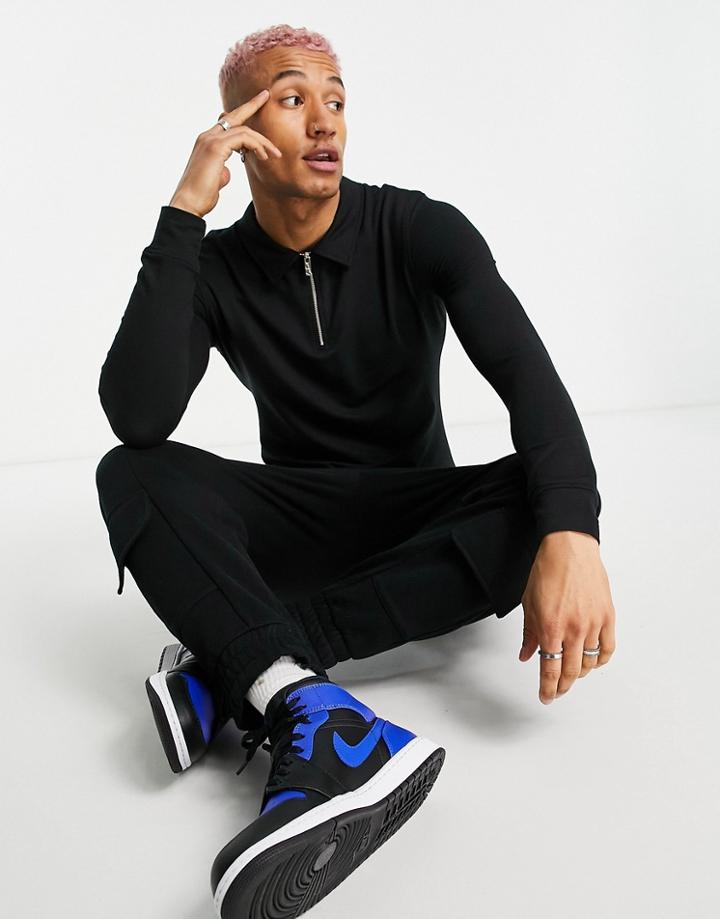 The Couture Club Long Sleeve Viscose Polo Shirt In Black