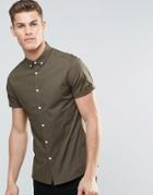 Asos Skinny Shirt In Khaki With Button Down Collar And Short Sleeves - Khaki
