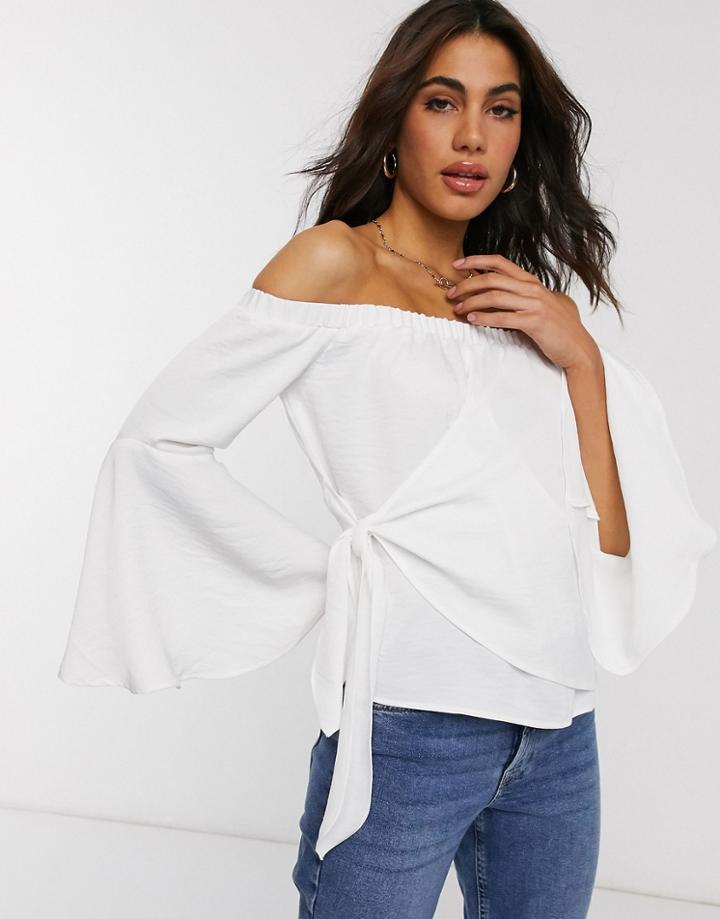 Asos Design Off Shoulder Drape Wrap Top In Satin In Ivory-white