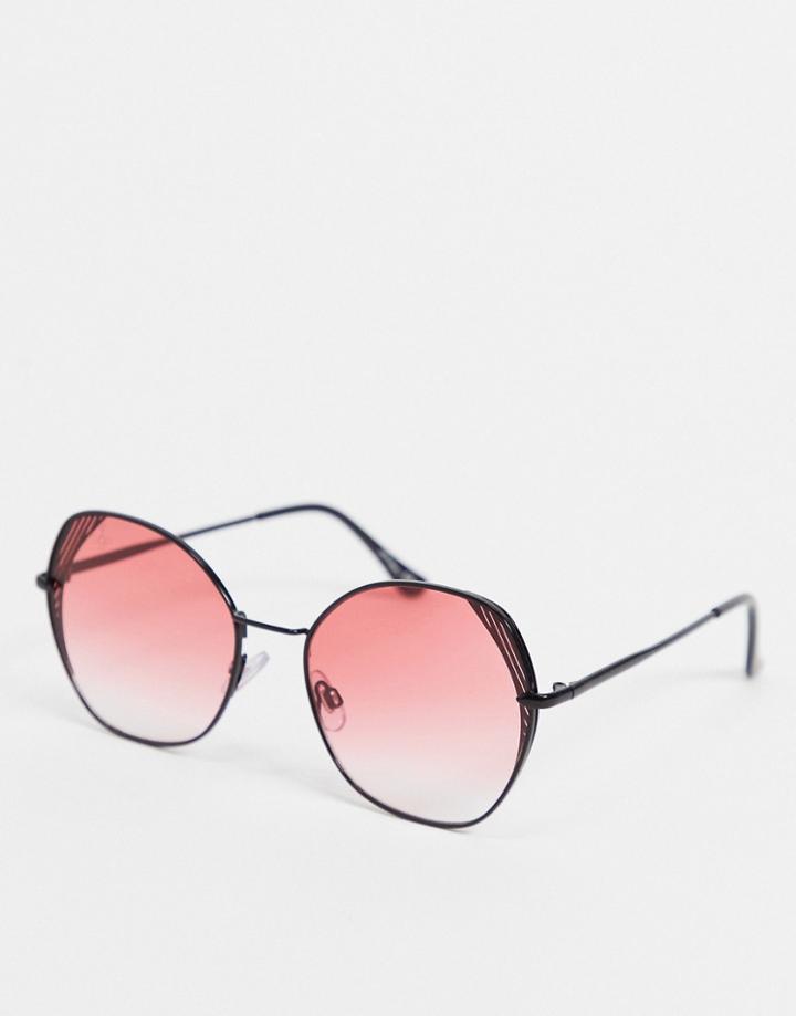 Jeepers Peepers Oversized Angled Sunglasses In Black With Pink Lens And Lens Detail