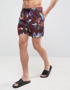 Asos Swim Shorts With Tropical Floral Print In Mid Length - Red