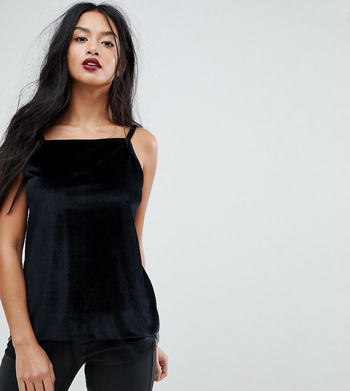 Asos Petite Cami In Velvet With Mesh Hem Detail And Square Neck - Black