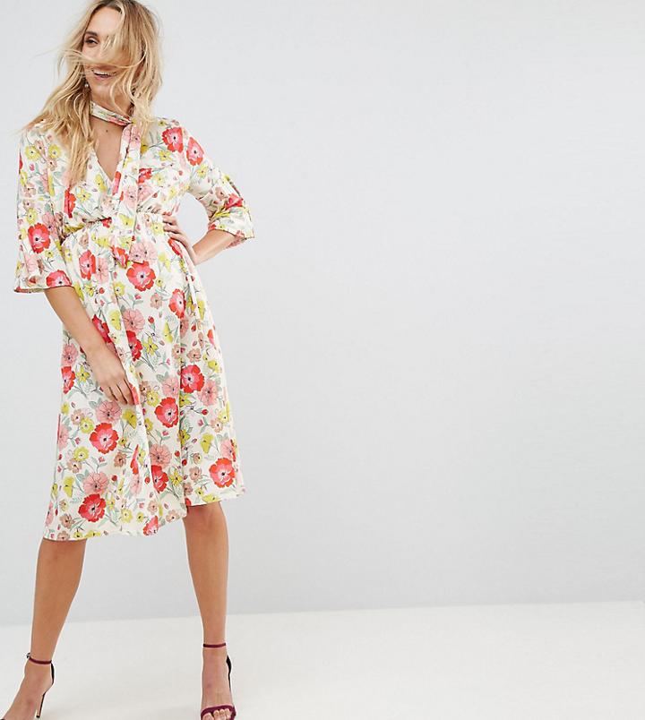 Asos Maternity Skater Dress With Tie Neck In Red Floral Print - Multi