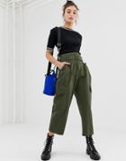 Stradivarius Belted Utility Pants In Khaki - Green