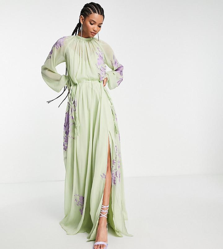 Asos Design Tall High Neck Maxi Dress With Tie Waist Detail And Stencil Floral Embroidery In Sage-green