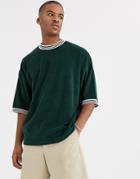 Asos Design Oversized T-shirt With Half Sleeve In Towelling With Contrast Tipping-green
