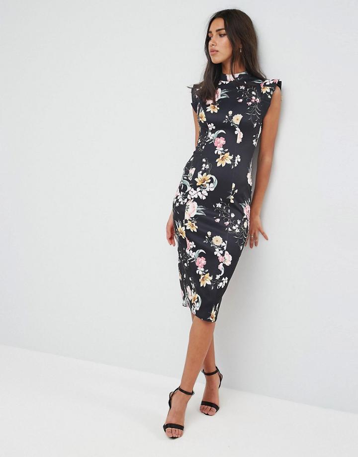 Asos High Neck Pencil Dress With Cut Out Back And Shoulder Detail In Dark Based Floral Print - Multi