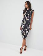 Asos High Neck Pencil Dress With Cut Out Back And Shoulder Detail In Dark Based Floral Print - Multi
