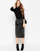 Asos Wrap Pencil Skirt In Faux Fur With Button Detail - Gray
