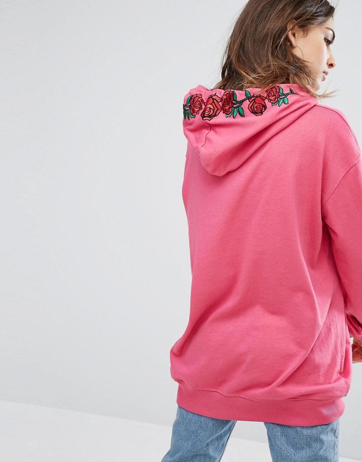 Daisy Street Oversized Hoodiewith Rose Embroidered Hood - Pink