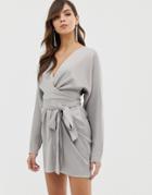 Asos Design Mini Dress With Batwing Sleeve And Wrap Waist In Satin - Gray