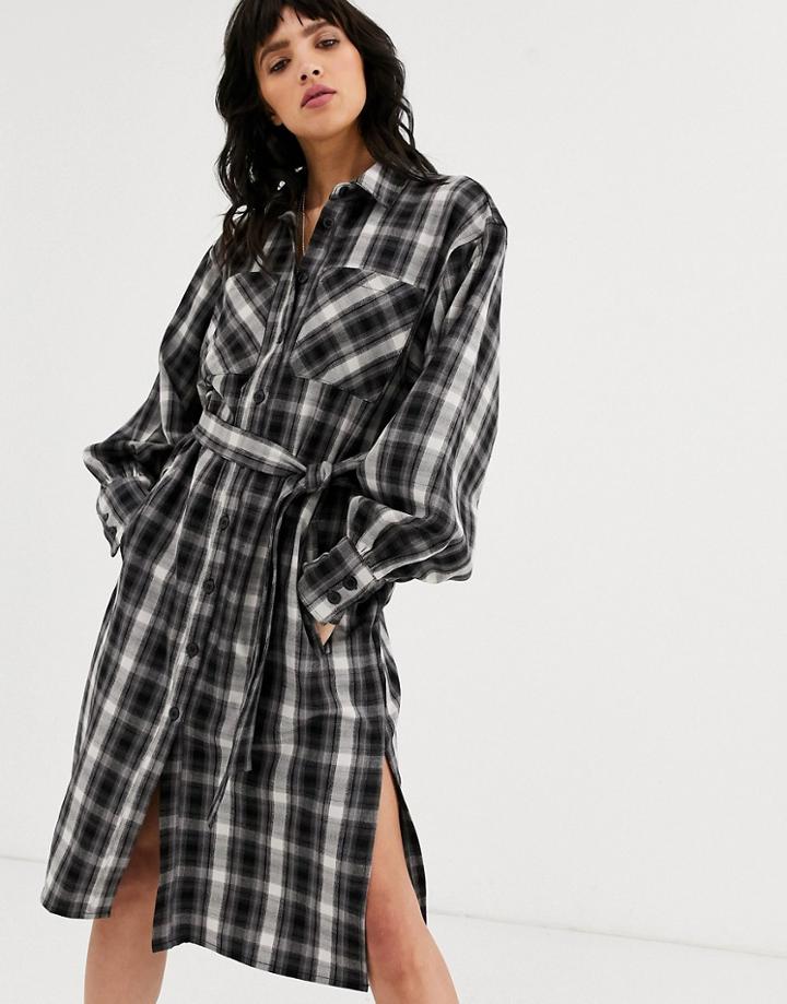 Object Check Shirt Midi Dress With Volume Sleeve