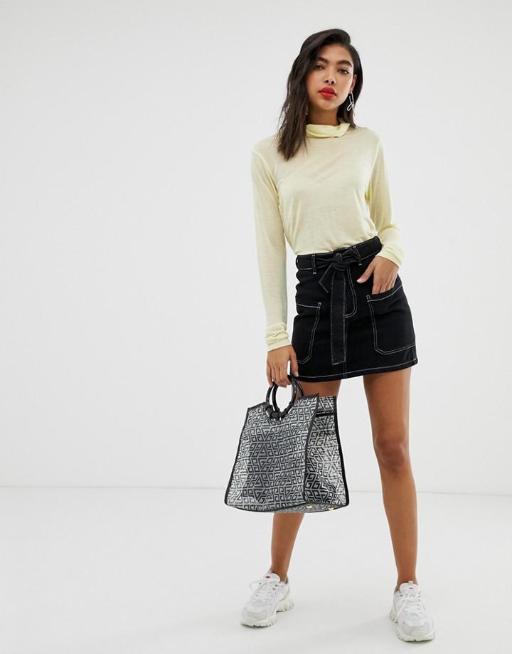 Stradivarius Contrast Stitch Tie Waist Denim Skirt In Black - Black