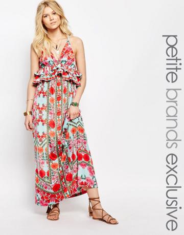 White Cove Petite Frill Layered Maxi Dress In Geo-tribal Floral - Multi