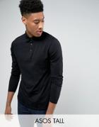 Asos Tall Long Sleeve Jersey Polo In Black - Black
