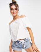 Asos Design Off The Shoulder Sun Top With Volume Sleeves In Ivory-white