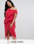 Asos Curve Premium Bow Front Twist Off The Shoulder Midi Scuba Dress - Red