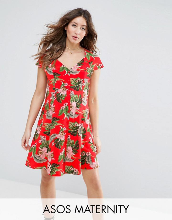 Asos Maternity Button Through Tea Dress In Tropical Print - Multi