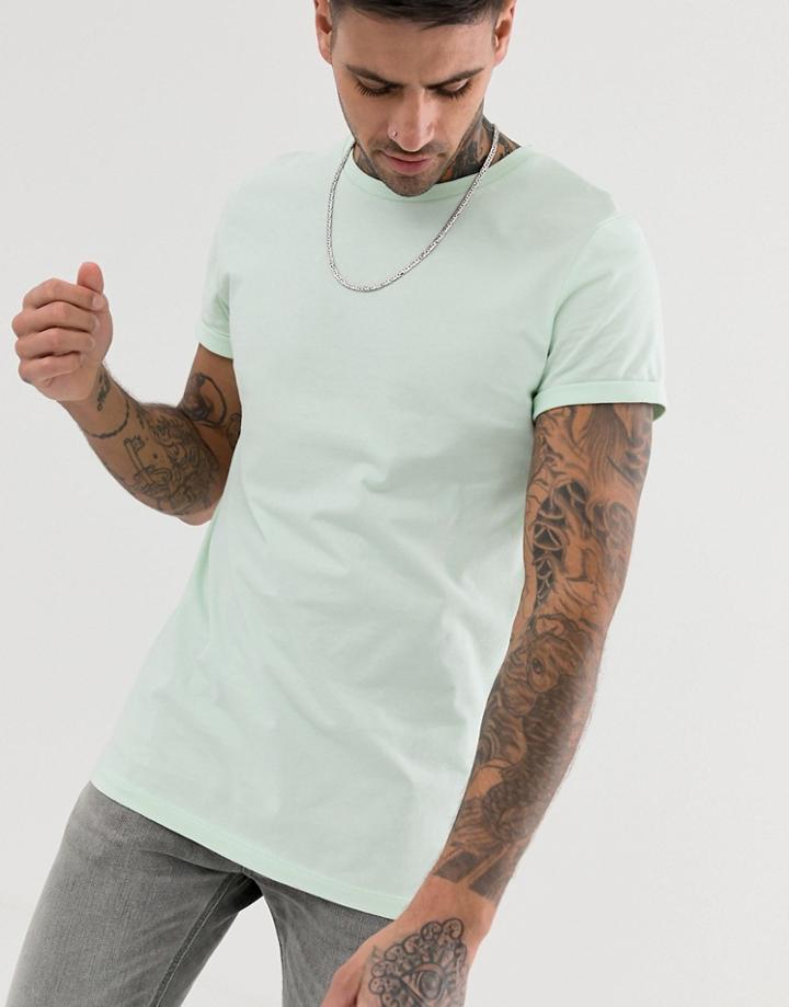 Asos Design Crew Neck T-shirt With Roll Sleeve In Green