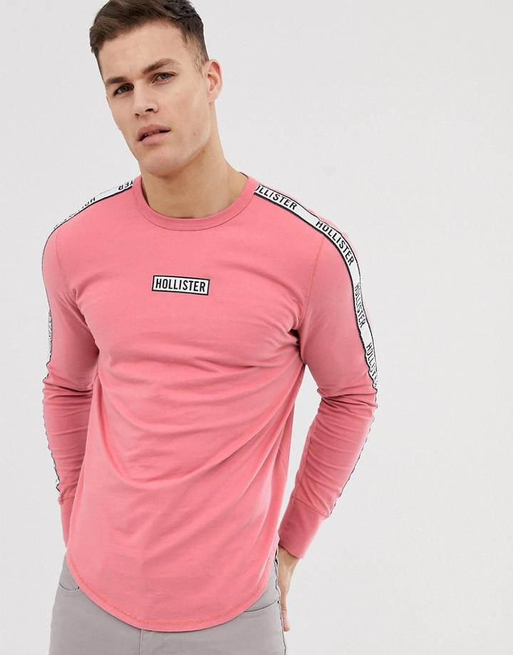 Hollister Chest & Sleeve Tape Logo Long Sleeve Top In Dusky Pink - Pink