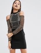 Asos Embellished Cold Shoulder Mini Dress With Scuba Skirt - Black