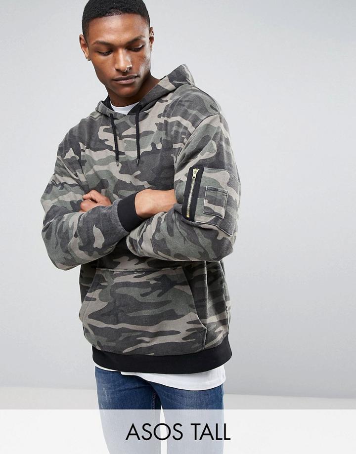 Asos Tall Oversized Hoodie In Washed Camo - Green