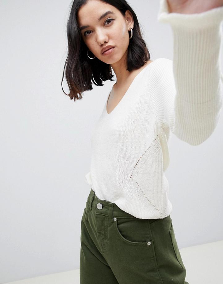 Gianni Feraud Fine Rib V Neck Sweater With Trim Detail - Cream